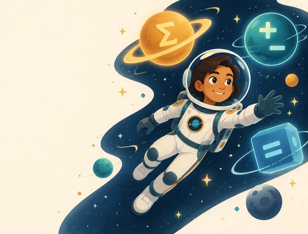 An astronaut orbiting glowing math-symbol planets in a friendly cosmos